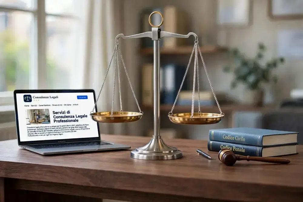 Consulenza legale online: bilancia della giustizia e computer con il sito Consulenze Legali Web